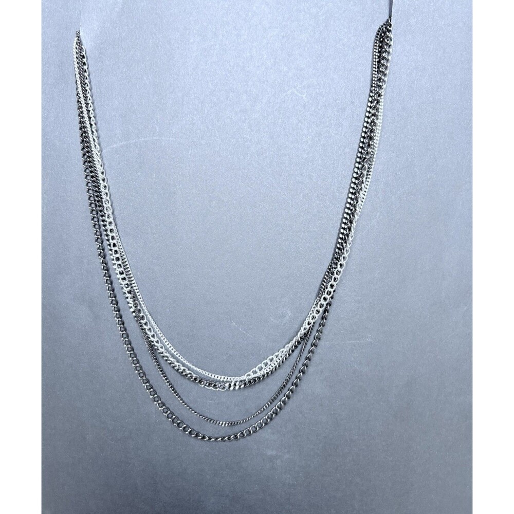 Layered Multi-Strand Silver/Black Metal Curb Link Chain Necklace  -22"
